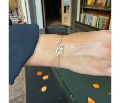 Bracelet 2 coeurs superposés sertis d'oxydes de zirconium Plaqué OR 750 3 microns