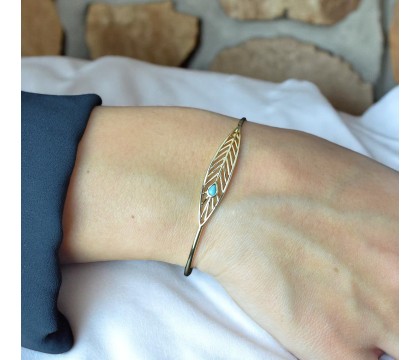 Bracelet jonc plume perle bleu turquoise Plaqué OR 750 3 microns