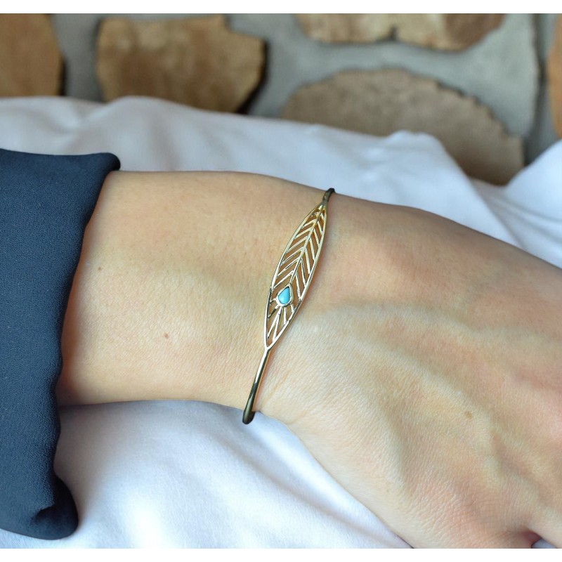 Bracelet jonc plume perle bleu turquoise Plaqué OR 750 3 microns