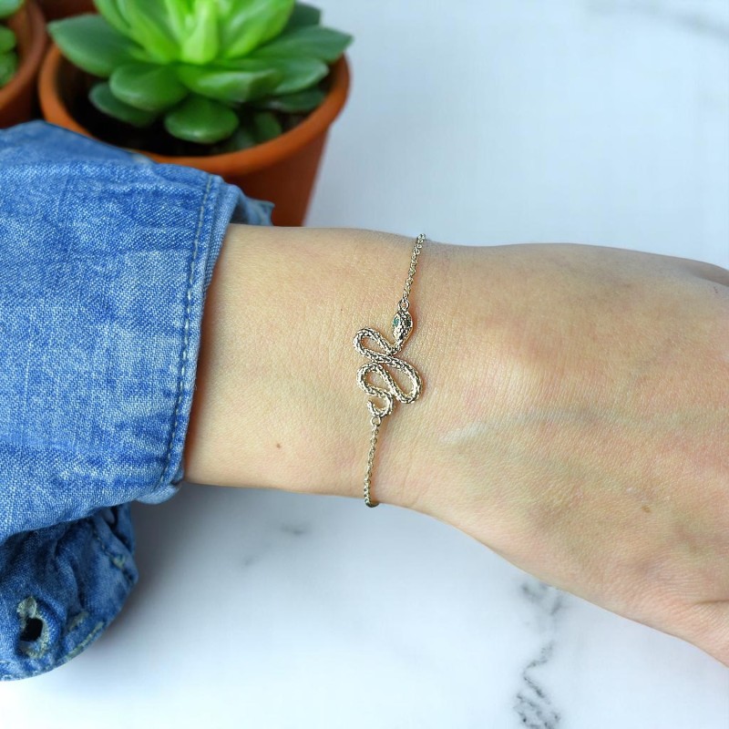 Bracelet serpent yeux d'oxydes de zirconium verts Plaqué OR 750 3 microns