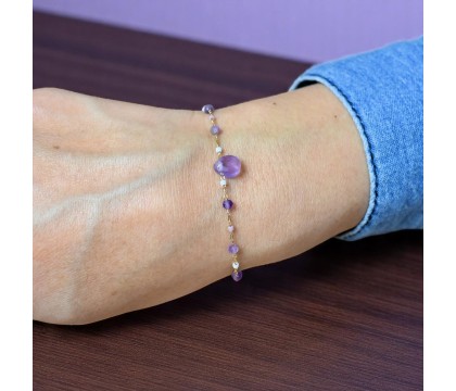 Bracelet goutte d'eau améthyste pierre naturelle suite de perles Plaqué OR 750 3 microns Bracelet goutte d'eau améthyste pierre naturelle suite de perles Plaqué OR 750 3 microns