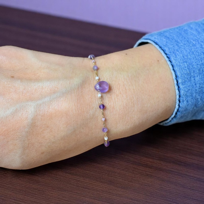 Bracelet goutte d'eau améthyste pierre naturelle suite de perles Plaqué OR 750 3 microns Bracelet goutte d'eau améthyste pierre naturelle suite de perles Plaqué OR 750 3 microns