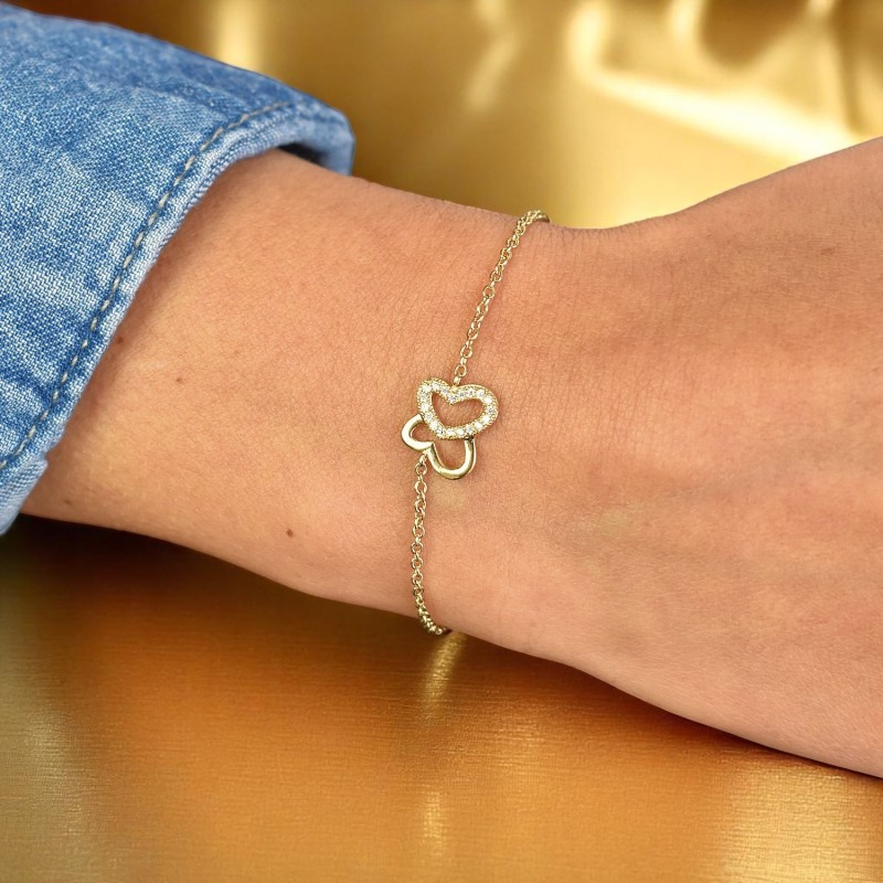 Bracelet papillon de coeurs oxyde de zirconium Plaqué OR 750 3 microns