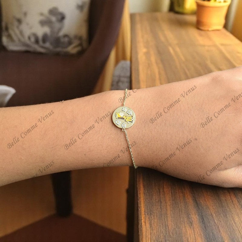 Bracelet girafe et petites fleurs émail coloré Plaqué or 750 3 microns