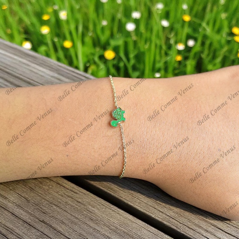 Bracelet tortue émail coloré vert Plaqué or 750 3 microns