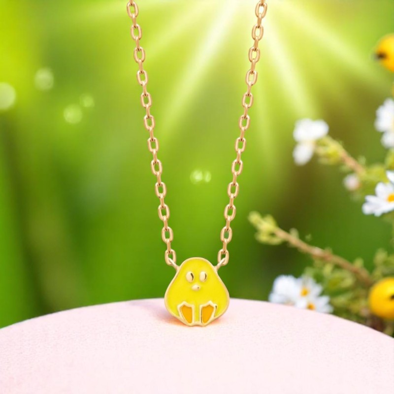 Collier poussin émail coloré jaune et orange Plaqué OR 750 3 microns