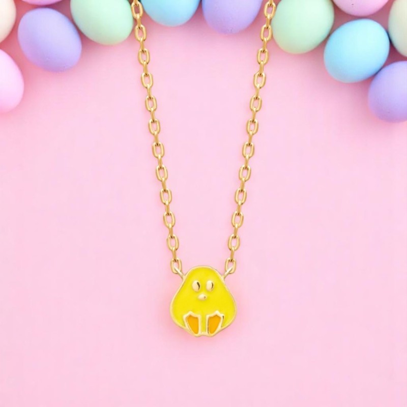 Collier poussin émail coloré jaune et orange Plaqué OR 750 3 microns