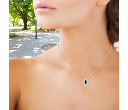 Collier goutte d'oxyde de zirconium bleu style fleur Plaqué OR 750 3 microns