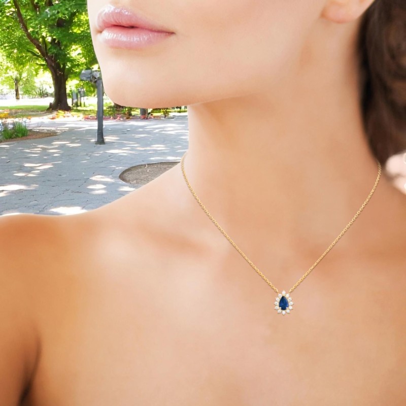 Collier goutte d'oxyde de zirconium bleu style fleur Plaqué OR 750 3 microns