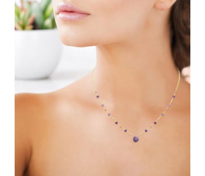 Collier goutte d'eau améthyste pierre naturelle suite de perles Plaqué OR 750 3 microns