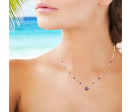 Collier goutte d'eau améthyste pierre naturelle suite de perles Plaqué OR 750 3 microns
