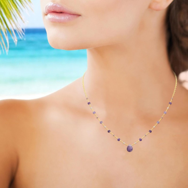 Collier goutte d'eau améthyste pierre naturelle suite de perles Plaqué OR 750 3 microns