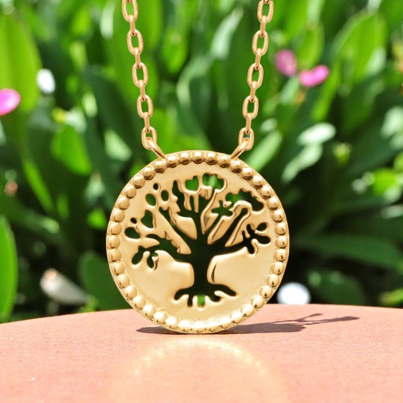 Collier arbre de vie ciselé ajouré dans un cercle Plaqué OR 750 3 microns
