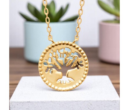 Collier arbre de vie ciselé ajouré dans un cercle Plaqué OR 750 3 microns