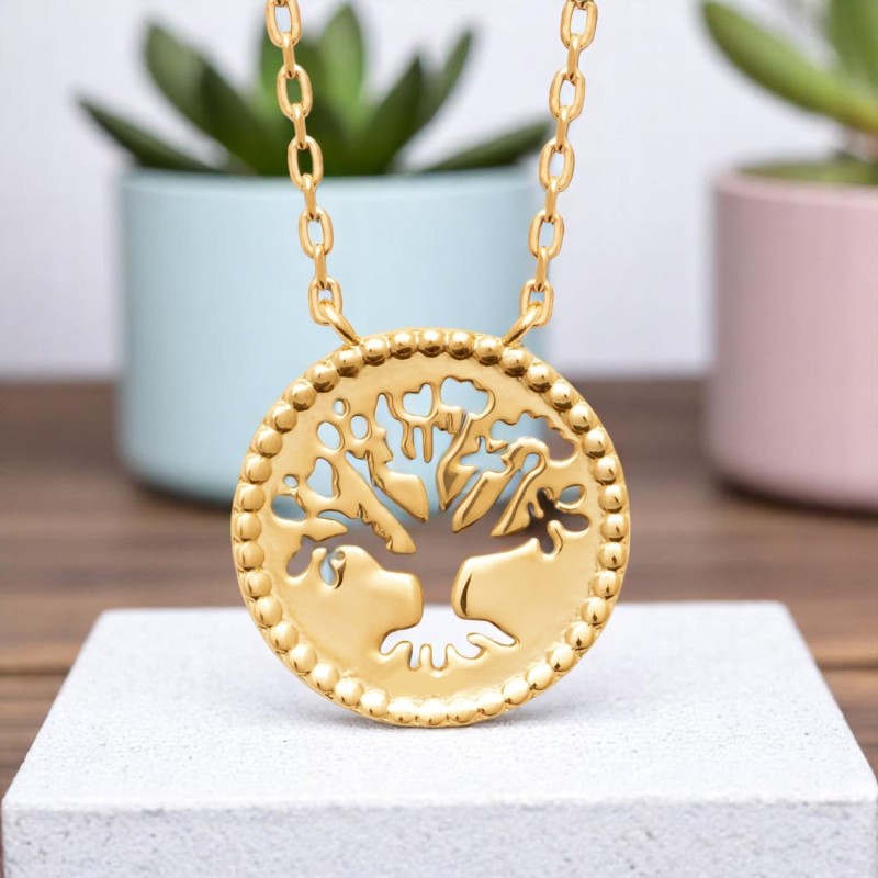 Collier arbre de vie ciselé ajouré dans un cercle Plaqué OR 750 3 microns