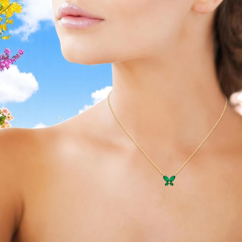Collier papillon oxydes de zirconiums verts Plaqué OR 750 3 microns
