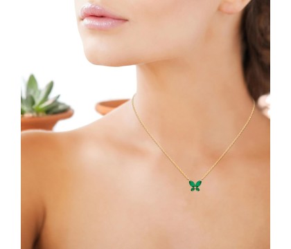 Collier papillon oxydes de zirconiums verts Plaqué OR 750 3 microns