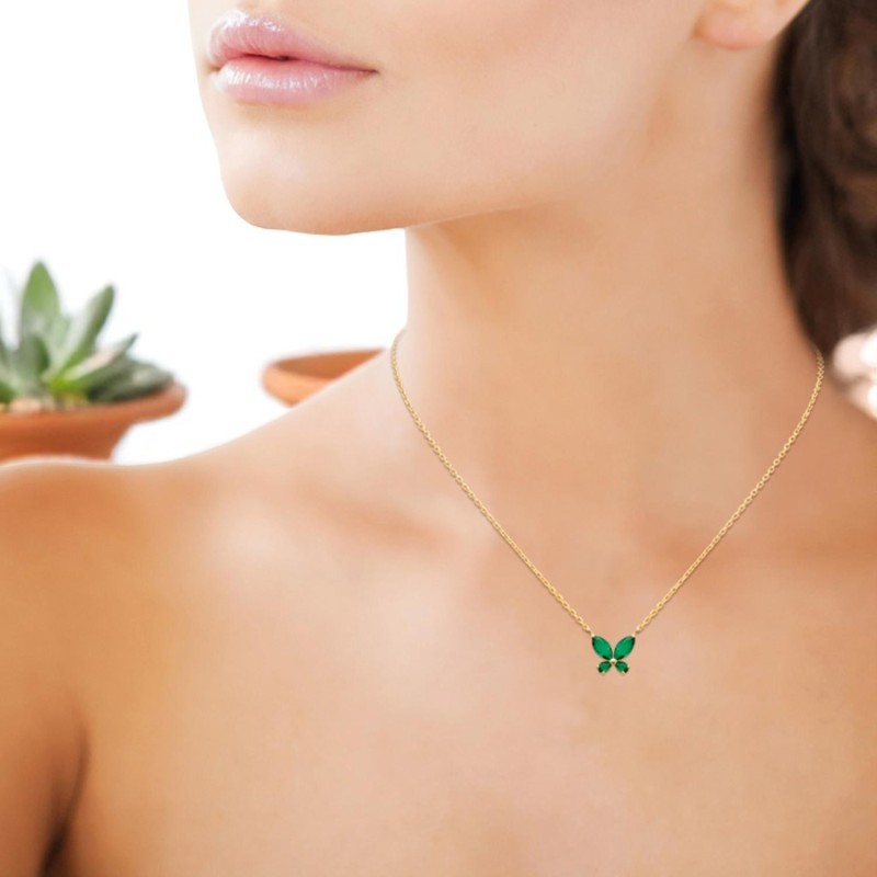 Collier papillon oxydes de zirconiums verts Plaqué OR 750 3 microns