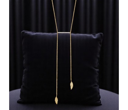 Collier 2 plumes pendantes barre sertie d'oxyde de zirconium Plaqué OR 750 3 microns 2 tons