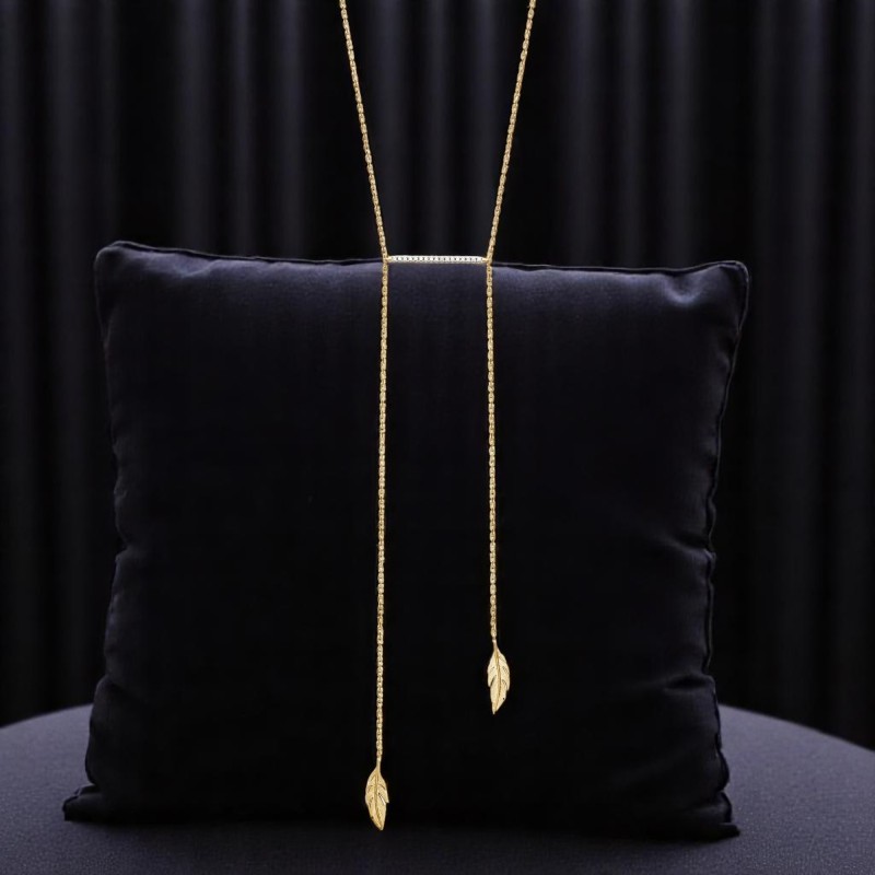 Collier 2 plumes pendantes barre sertie d'oxyde de zirconium Plaqué OR 750 3 microns 2 tons