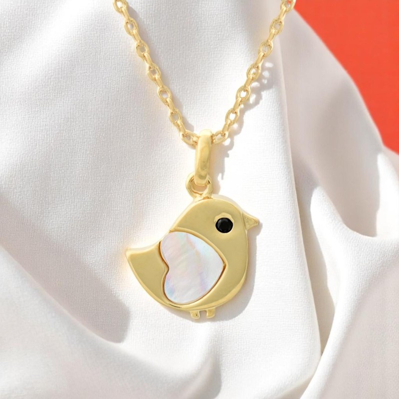 Collier oiseau coeur de nacre oeil oxyde de zirconium noir Plaqué OR 750 3 microns