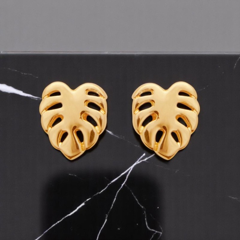 Boucles d'oreilles feuille philodendron monstera Plaqué OR 750 3 microns