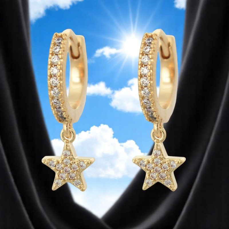Boucles d'oreilles Mini Créoles étoile oxyde de zirconium pendante Plaqué or 750 3 microns