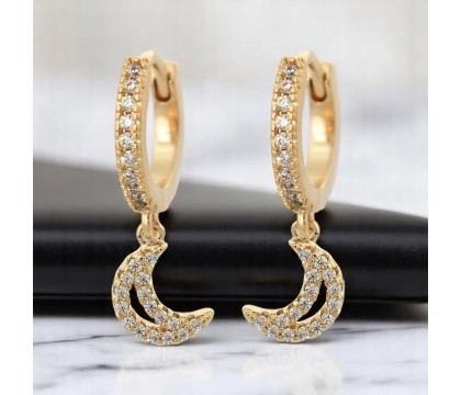 Boucles d'oreilles Mini Créoles lune oxyde de zirconium pendante Plaqué or 750 3 microns