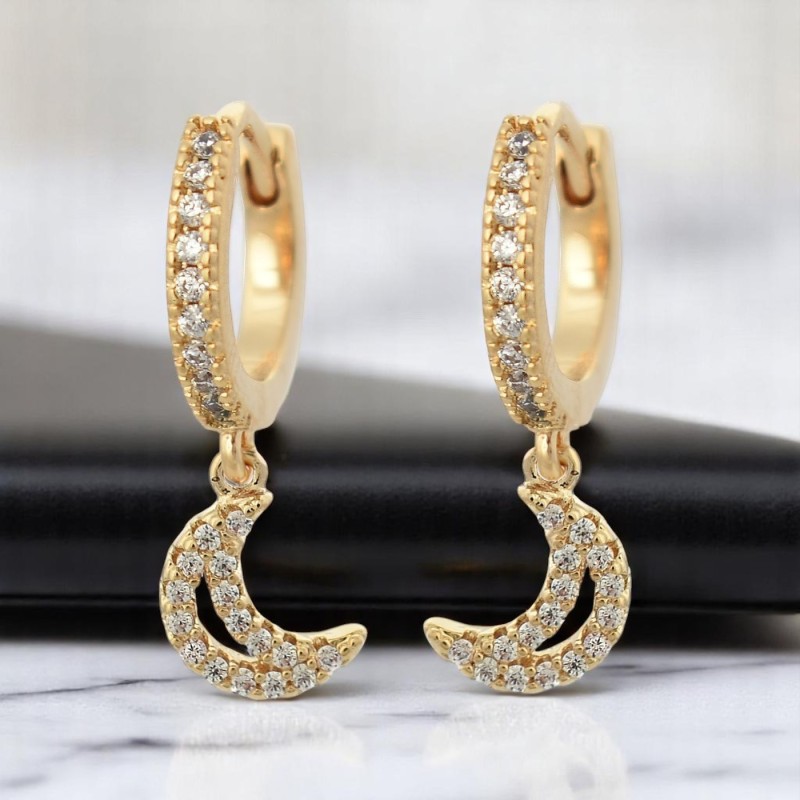 Boucles d'oreilles Mini Créoles lune oxyde de zirconium pendante Plaqué or 750 3 microns