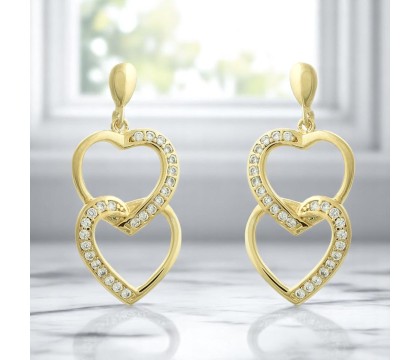 Boucles d'oreilles 2 coeurs superposés sertis d'oxydes de zirconium Plaqué OR 750 3 microns