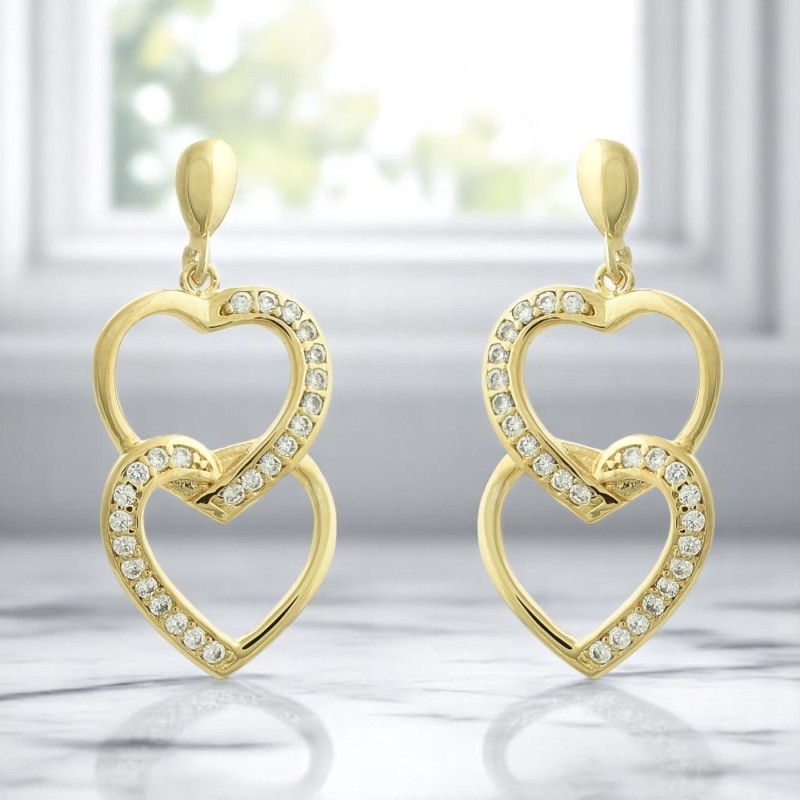 Boucles d'oreilles 2 coeurs superposés sertis d'oxydes de zirconium Plaqué OR 750 3 microns