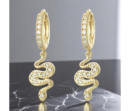 Boucles d'oreilles Mini Créoles serpent pendant serti d'oxydes de zirconium Plaqué or 750 3 microns