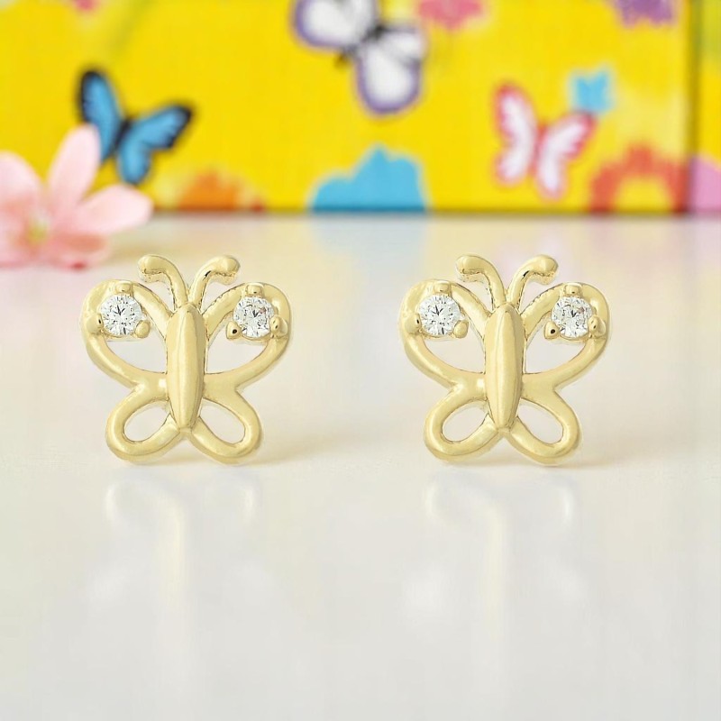 Boucles d'oreilles papillon oxydes de zirconium sur les ailes Plaqué or 750 3 microns