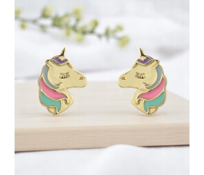 Boucles d'oreilles tête de licorne émail coloré Plaqué or 750 3 microns
