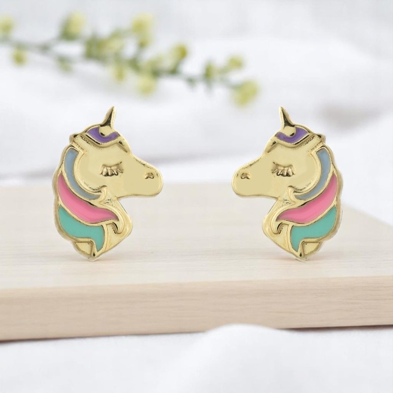 Boucles d'oreilles tête de licorne émail coloré Plaqué or 750 3 microns