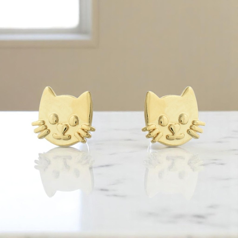 Boucles d'oreilles tête de chat Plaqué OR 750 3 microns