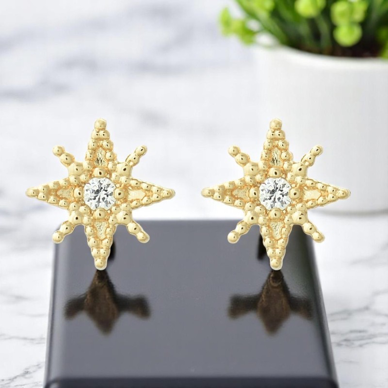 Boucles d'oreilles étoile à 8 branches oxyde de zirconium Plaqué OR 750 3 microns