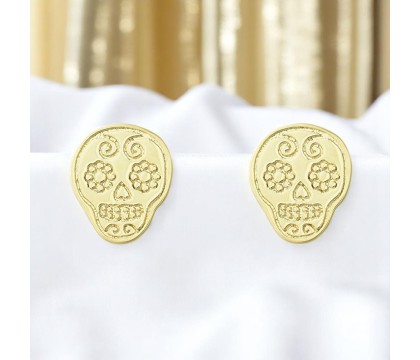 Boucles d'oreilles tête de mort mexicaine fleuri cavalera Plaqué OR 750 3 microns