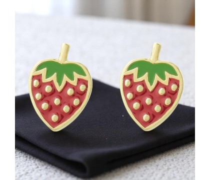 Boucles d'oreilles fraise émail coloré Plaqué OR 750 3 microns