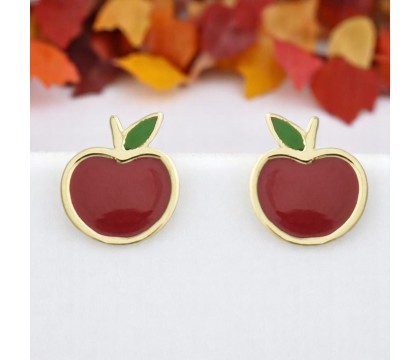 Boucles d'oreilles pomme émail coloré rouge et vert Plaqué OR 750 3 microns