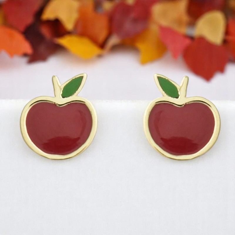 Boucles d'oreilles pomme émail coloré rouge et vert Plaqué OR 750 3 microns