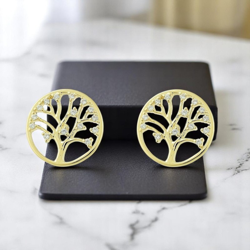 Boucles d'oreilles arbre de vie oxydes de zirconium Plaqué OR 750 3 microns Boucles d'oreilles arbre de vie oxydes de zirconium Plaqué OR 750 3 microns