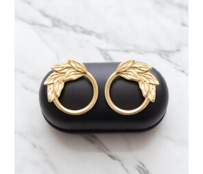 Boucles d'oreilles cercle contour de l'anneau motif feuille Plaqué OR 750 3 microns