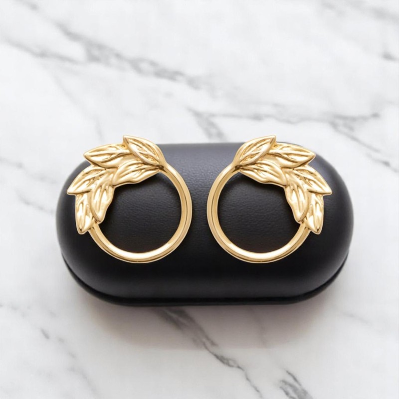 Boucles d'oreilles cercle contour de l'anneau motif feuille Plaqué OR 750 3 microns