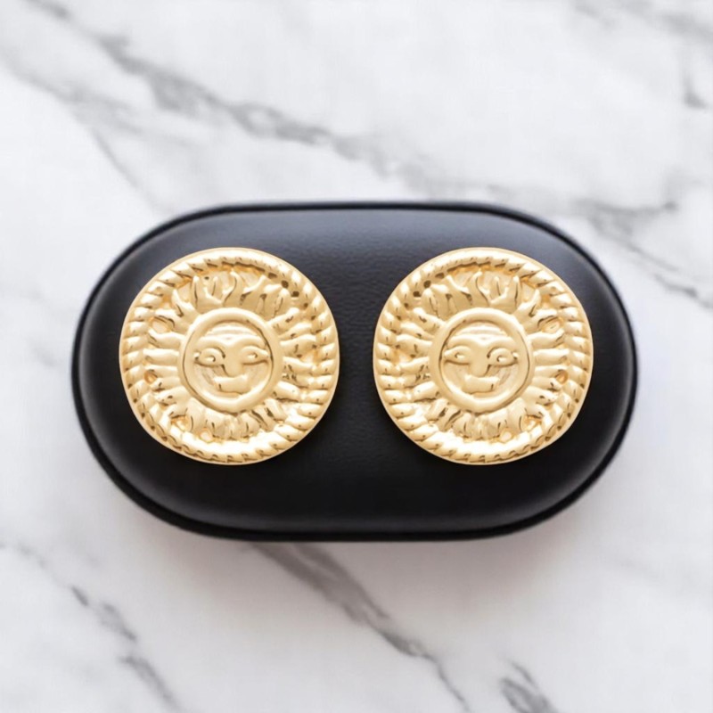 Boucles d'oreilles soleil personnifié visage souriant Plaqué OR 750 3 microns