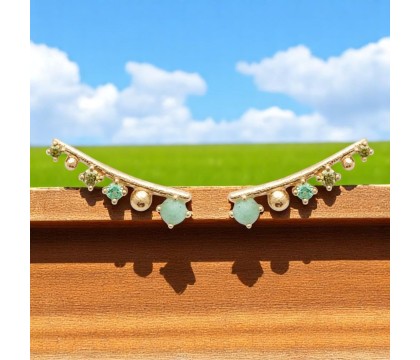 Boucles d'oreilles grimpantes contour de lobe aventurines et oxydes de zirconium Plaqué OR 750 3 microns