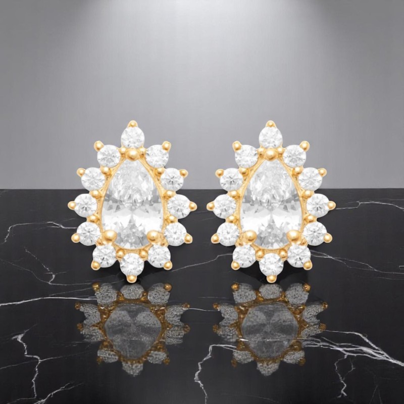 Boucles d'oreilles goutte d'oxyde de zirconium style fleur Plaqué OR 750 3 microns