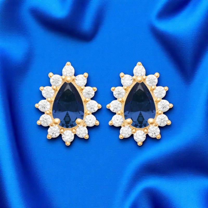 Boucles d'oreilles goutte d'oxyde de zirconium bleu style fleur Plaqué OR 750 3 microns