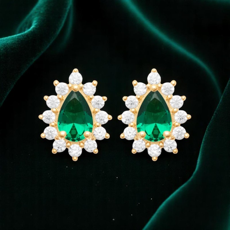 Boucles d'oreilles goutte d'oxyde de zirconium vert style fleur Plaqué OR 750 3 microns