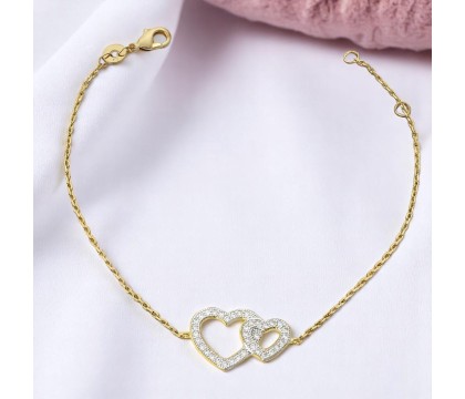 Bracelet 2 coeurs sertis d'oxyde de zirconium Plaqué OR 750 3 microns 2 tons